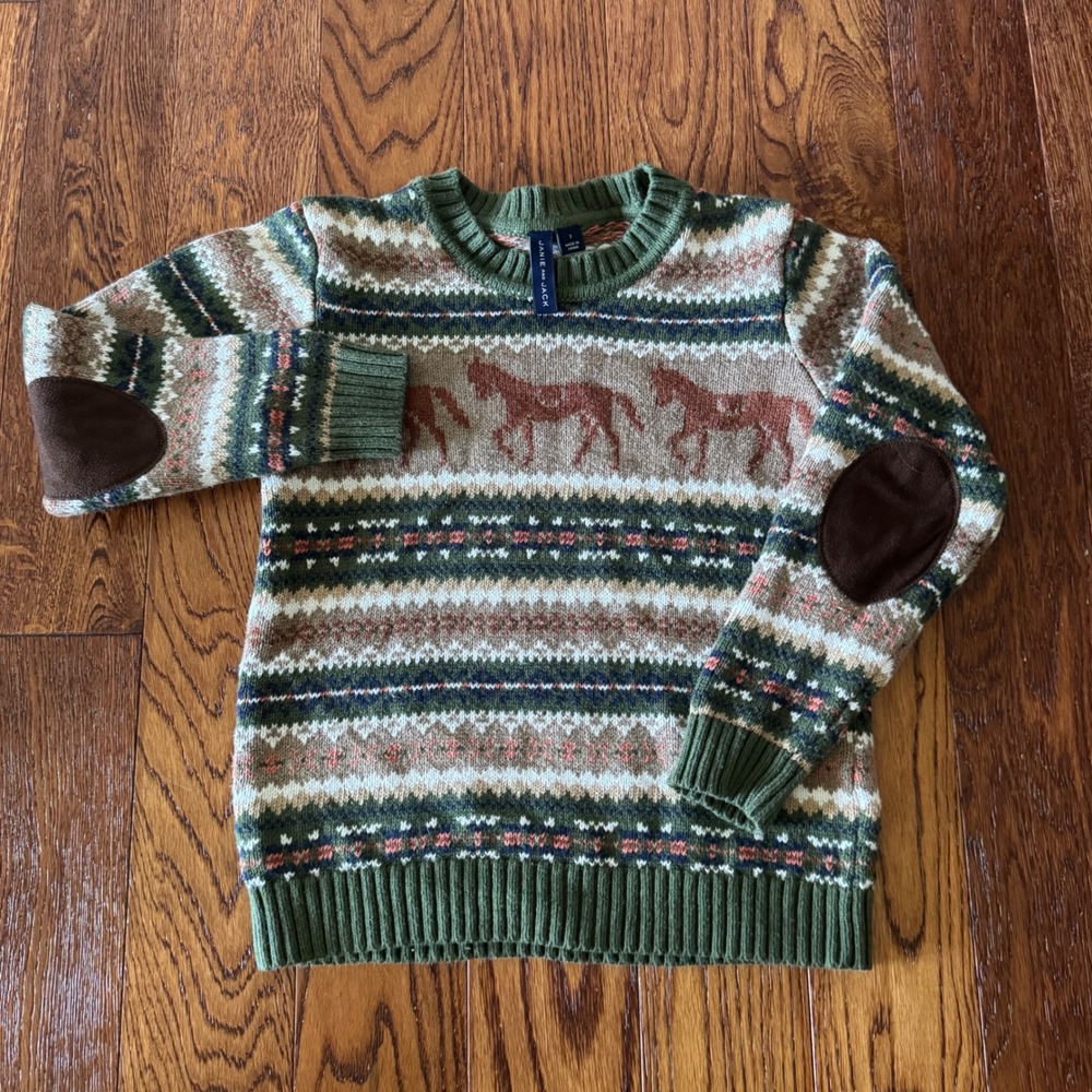 Janie and Jack Boys 5 Bronze Green Horse Fair Isle Sweater Elbow Patches Western